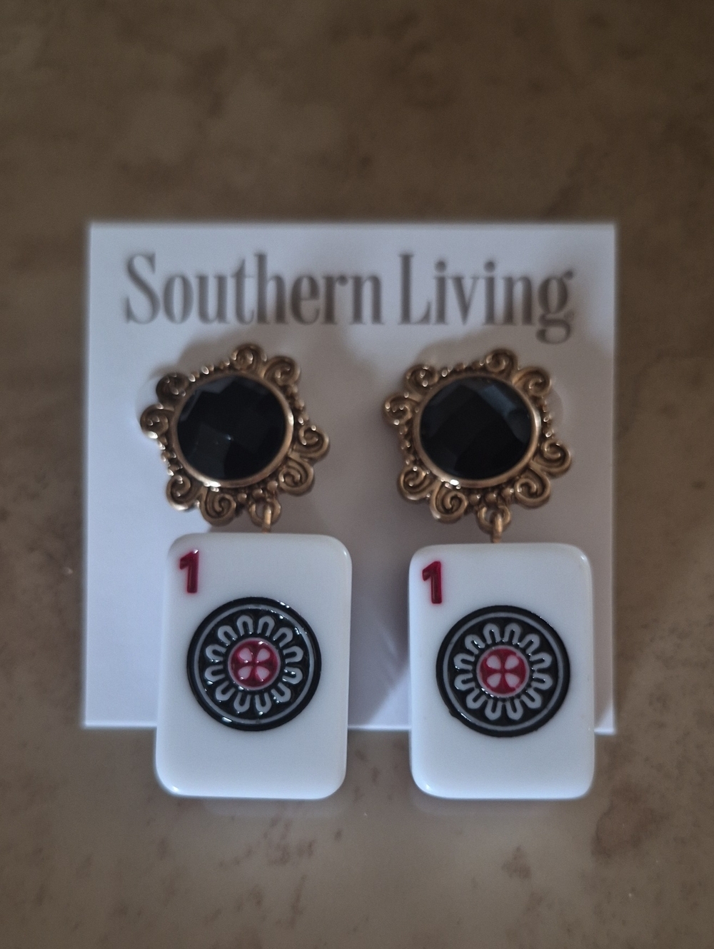 Southern Living Gold-Tone Earrings with White Mahjong Tile and Black Stone
